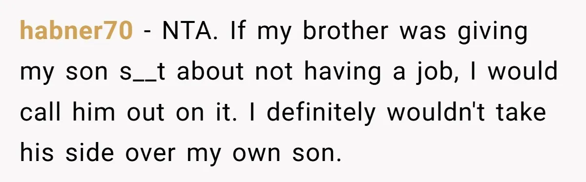 habner70 − NTA. If my brother was giving my son s__t about not having a job, I would call him out on it. I definitely wouldn't take his side over...