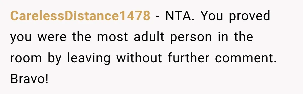 CarelessDistance1478 − NTA. You proved you were the most adult person in the room by leaving without further comment. Bravo!