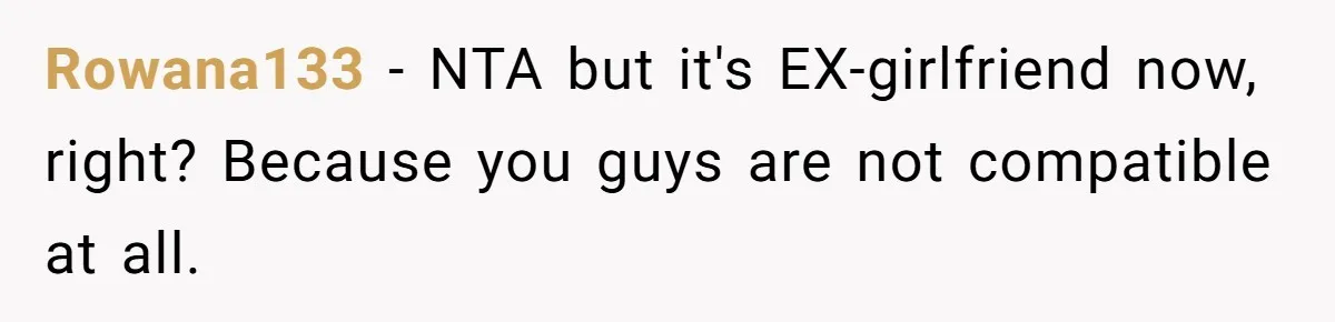 Rowana133 − NTA but it's EX-girlfriend now, right? Because you guys are not compatible at all.