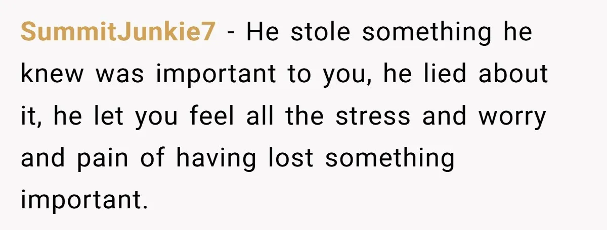 SummitJunkie7 − He stole something he knew was important to you, he lied about it, he let you feel all the stress and worry and pain of having lost something...