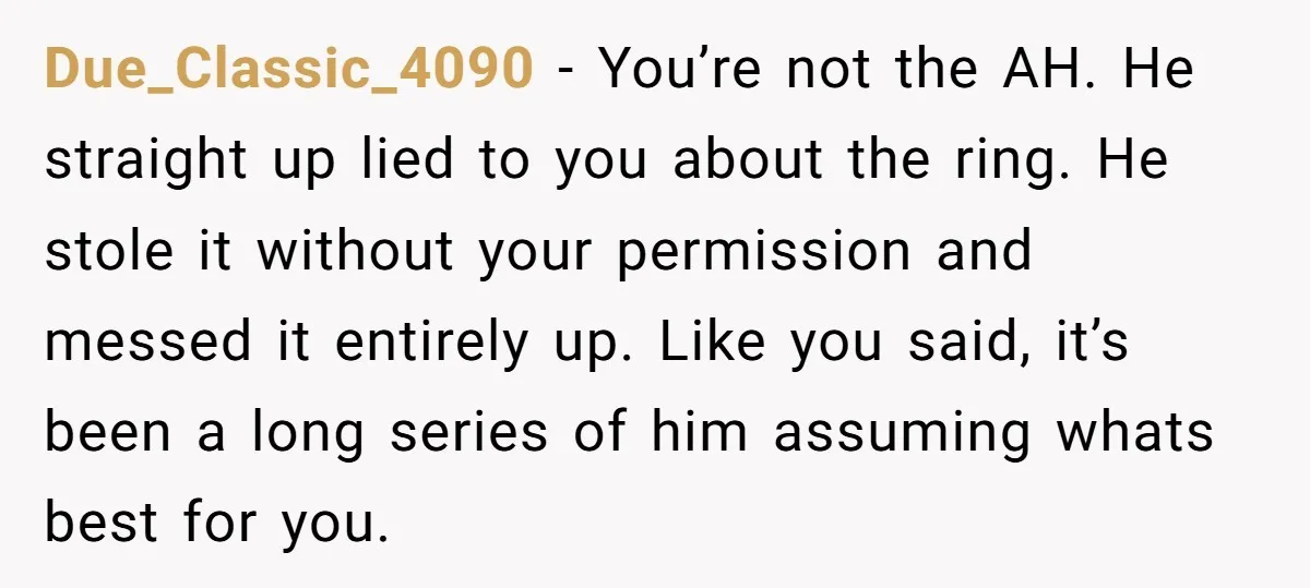Due_Classic_4090 − You’re not the AH. He straight up lied to you about the ring. He stole it without your permission and messed it entirely up. Like you said, it’s...