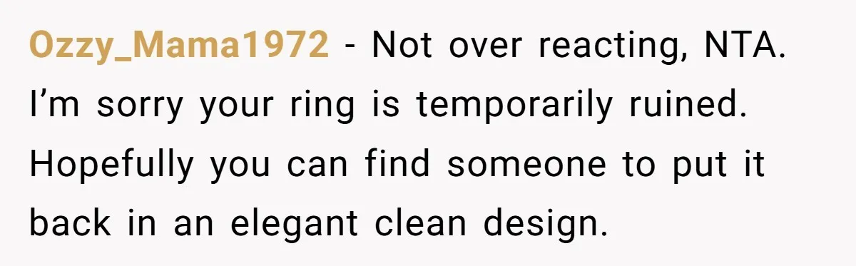 Ozzy_Mama1972 − Not over reacting, NTA. I’m sorry your ring is temporarily ruined. Hopefully you can find someone to put it back in an elegant clean design.