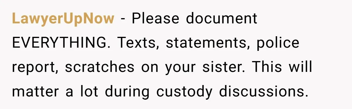 LawyerUpNow - Please document EVERYTHING. Texts, statements, police report, scratches on your sister. This will matter a lot during custody discussions.