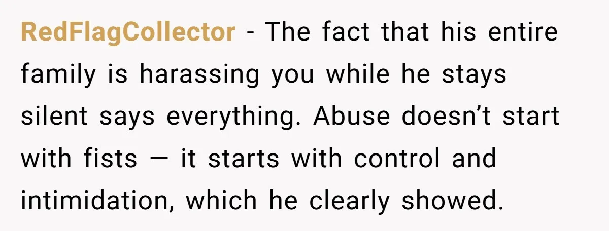 RedFlagCollector - The fact that his entire family is harassing you while he stays silent says everything. Abuse doesn’t start with fists — it starts with control and intimidation, which...