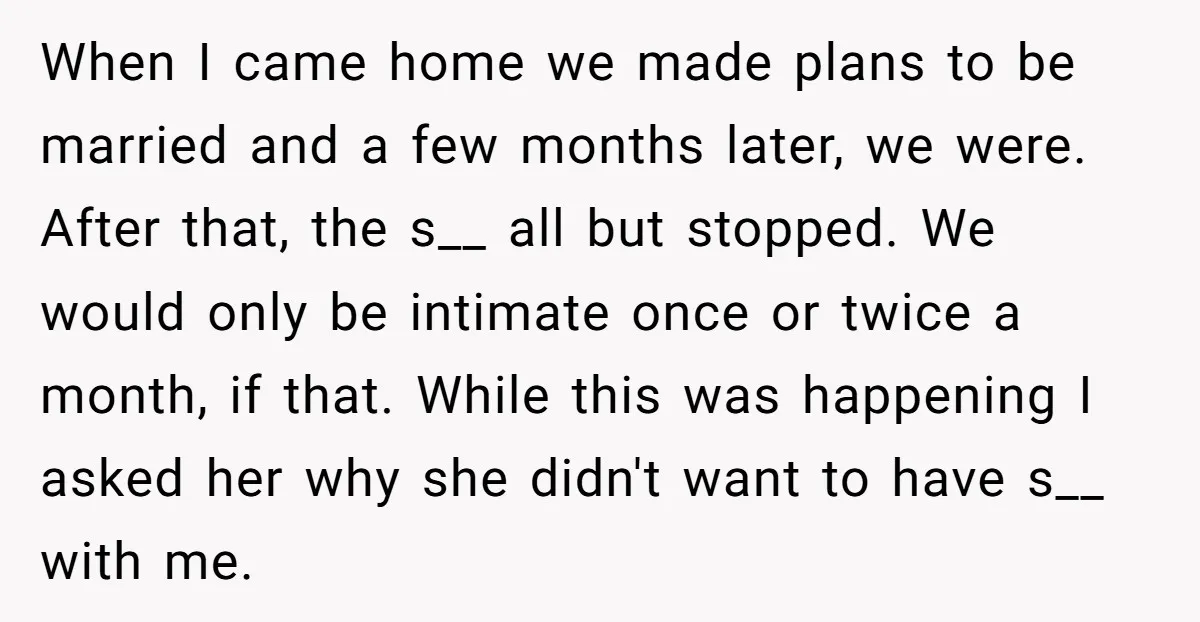 When I came home we made plans to be married and a few months later, we were. After that, the s__ all but stopped. We would only be intimate once...