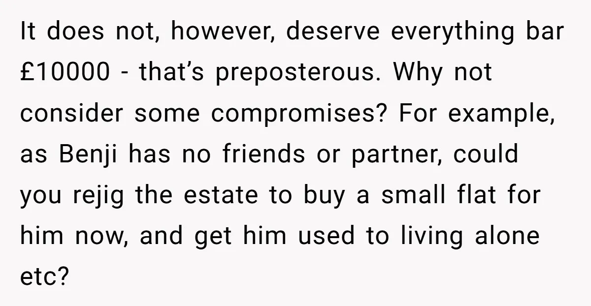 It does not, however, deserve everything bar £10000 - that’s preposterous. Why not consider some compromises? For example, as Benji has no friends or partner, could you rejig the estate...