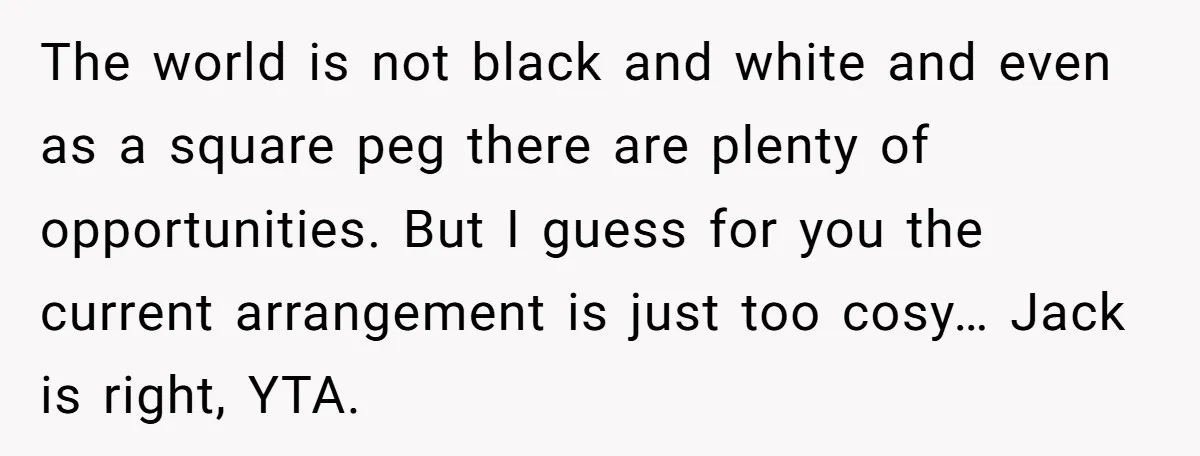 The world is not black and white and even as a square peg there are plenty of opportunities. But I guess for you the current arrangement is just too cosy…...