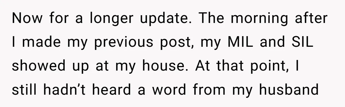 Now for a longer update. The morning after I made my previous post, my MIL and SIL showed up at my house. At that point, I still hadn’t heard a...