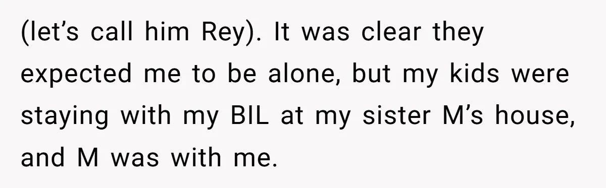 (let’s call him Rey). It was clear they expected me to be alone, but my kids were staying with my BIL at my sister M’s house, and M was with...