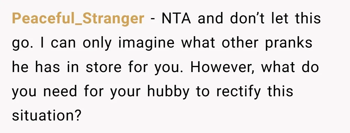 Peaceful_Stranger − NTA and don’t let this go. I can only imagine what other pranks he has in store for you. However, what do you need for your hubby to...