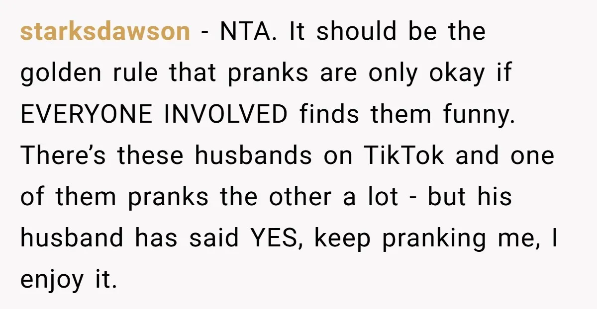 starksdawson − NTA. It should be the golden rule that pranks are only okay if EVERYONE INVOLVED finds them funny. There’s these husbands on TikTok and one of them pranks...