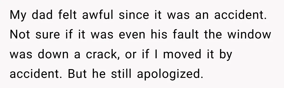 My dad felt awful since it was an accident. Not sure if it was even his fault the window was down a crack, or if I moved it by accident....