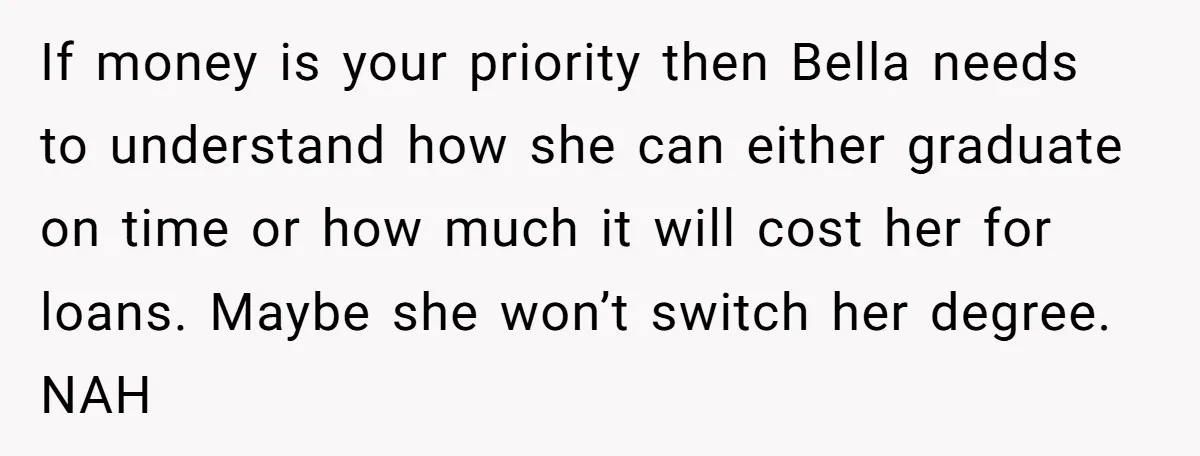 If money is your priority then Bella needs to understand how she can either graduate on time or how much it will cost her for loans. Maybe she won’t switch...