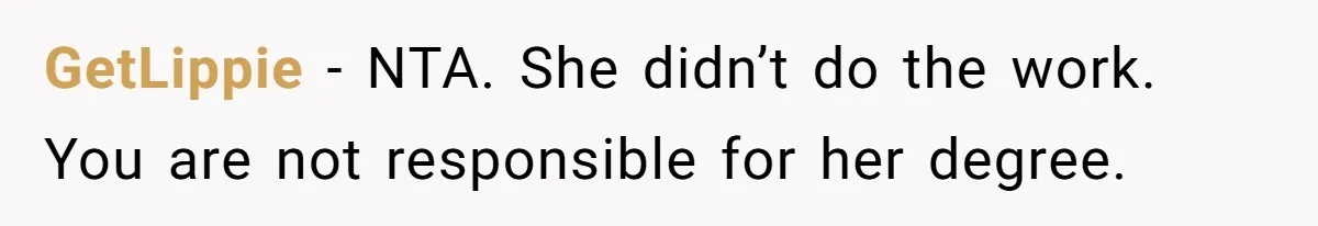 GetLippie − NTA. She didn’t do the work. You are not responsible for her degree.