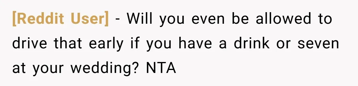 [Reddit User] - Will you even be allowed to drive that early if you have a drink or seven at your wedding? NTA