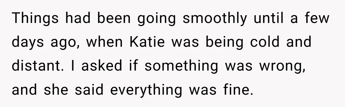 Things had been going smoothly until a few days ago, when Katie was being cold and distant. I asked if something was wrong, and she said everything was fine.