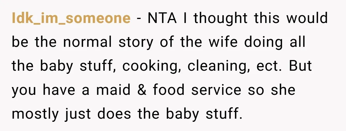 Idk_im_someone − NTA I thought this would be the normal story of the wife doing all the baby stuff, cooking, cleaning, ect. But you have a maid & food service...