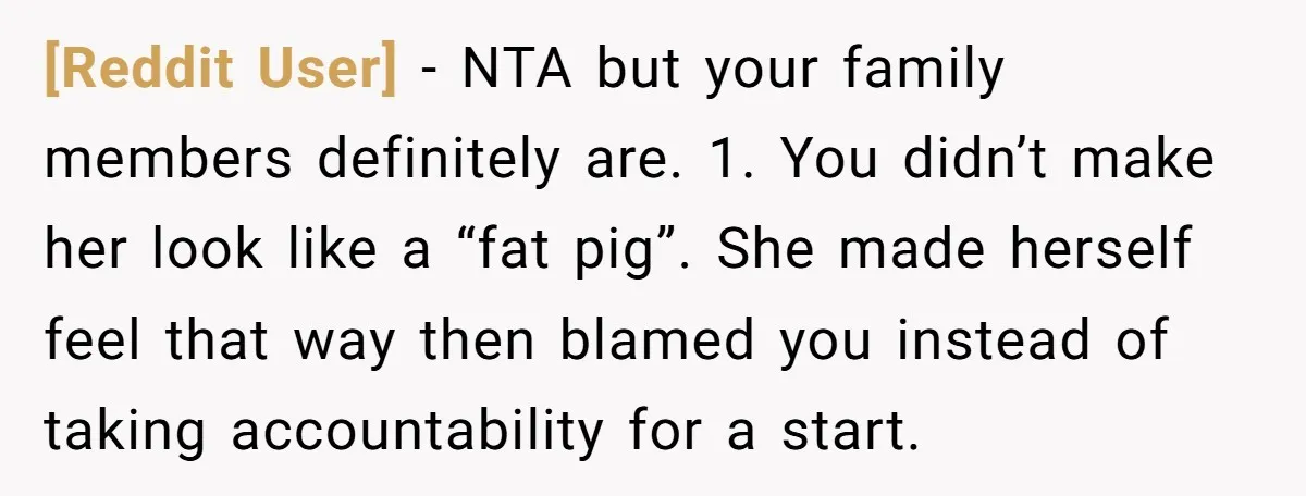 [Reddit User] - NTA but your family members definitely are. 1. You didn’t make her look like a “fat pig”. She made herself feel that way then blamed you instead...