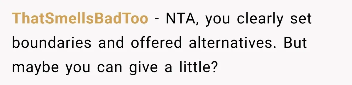 ThatSmellsBadToo − NTA, you clearly set boundaries and offered alternatives. But maybe you can give a little?
