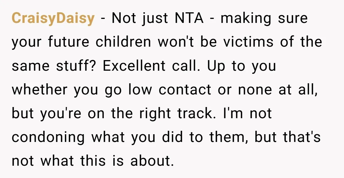 CraisyDaisy − Not just NTA - making sure your future children won't be victims of the same stuff? Excellent call. Up to you whether you go low contact or none...
