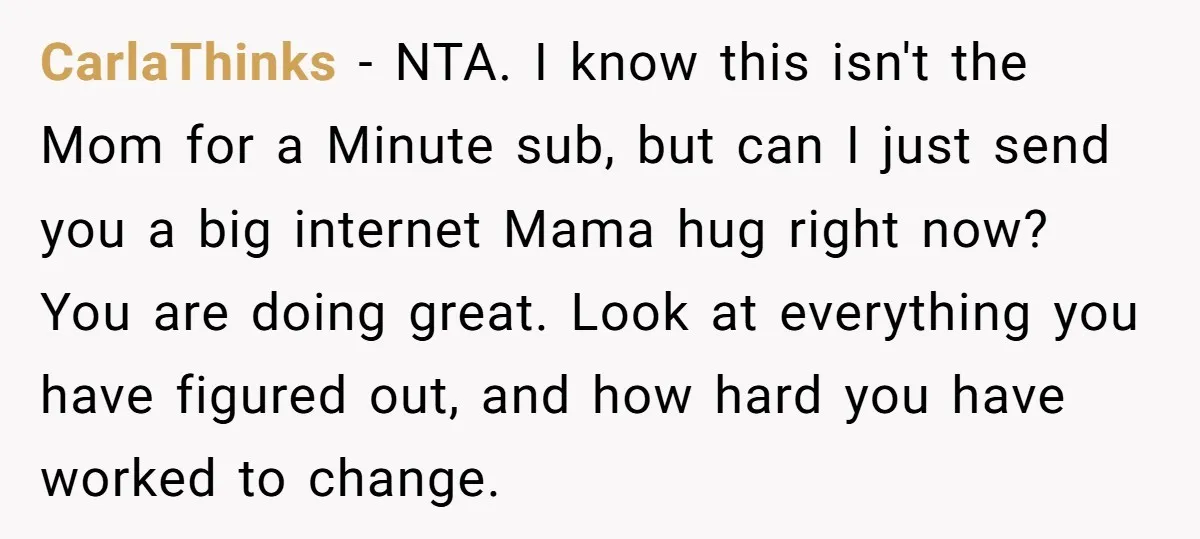 CarlaThinks − NTA. I know this isn't the Mom for a Minute sub, but can I just send you a big internet Mama hug right now? You are doing great....
