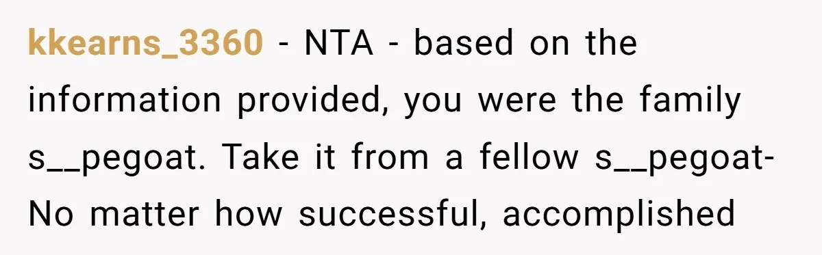 kkearns_3360 − NTA - based on the information provided, you were the family s__pegoat. Take it from a fellow s__pegoat- No matter how successful, accomplished
