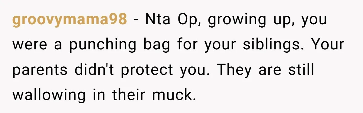 groovymama98 − Nta Op, growing up, you were a punching bag for your siblings. Your parents didn't protect you. They are still wallowing in their muck.