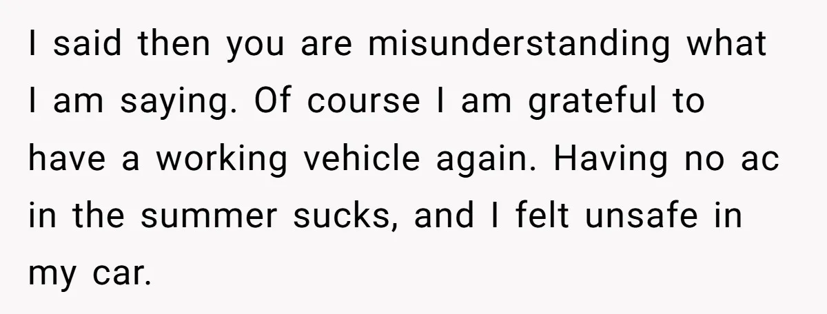 I said then you are misunderstanding what I am saying. Of course I am grateful to have a working vehicle again. Having no ac in the summer sucks, and I...