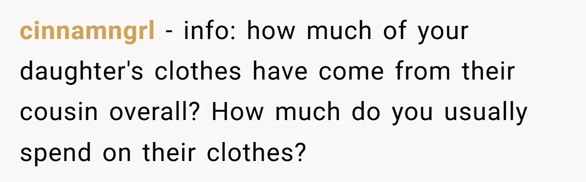 cinnamngrl − info: how much of your daughter's clothes have come from their cousin overall? How much do you usually spend on their clothes?