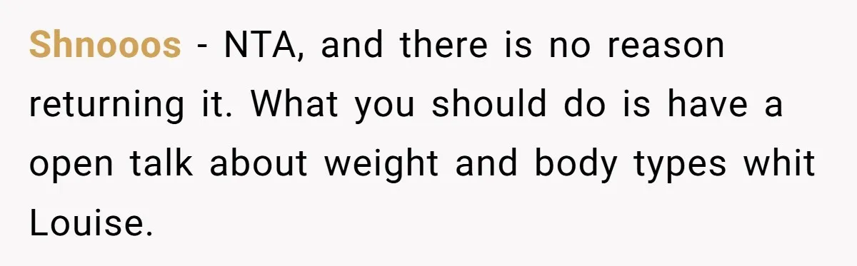 Shnooos − NTA, and there is no reason returning it. What you should do is have a open talk about weight and body types whit Louise.