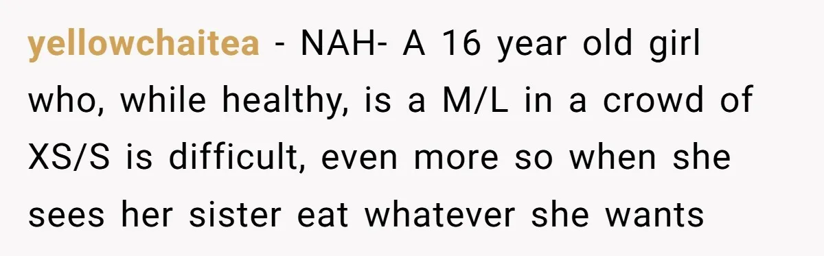 yellowchaitea − NAH- A 16 year old girl who, while healthy, is a M/L in a crowd of XS/S is difficult, even more so when she sees her sister eat...