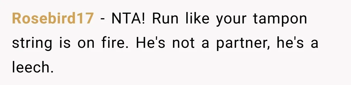 Rosebird17 − NTA! Run like your tampon string is on fire. He's not a partner, he's a leech.