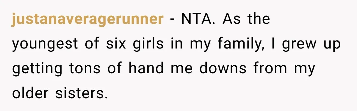 justanaveragerunner − NTA. As the youngest of six girls in my family, I grew up getting tons of hand me downs from my older sisters.