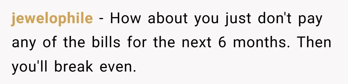 jewelophile − How about you just don't pay any of the bills for the next 6 months. Then you'll break even.
