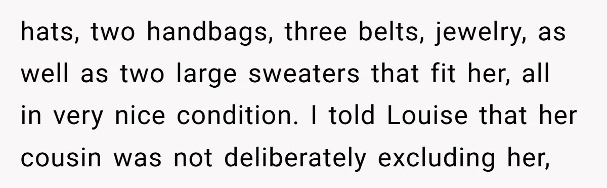 hats, two handbags, three belts, jewelry, as well as two large sweaters that fit her, all in very nice condition. I told Louise that her cousin was not deliberately excluding...