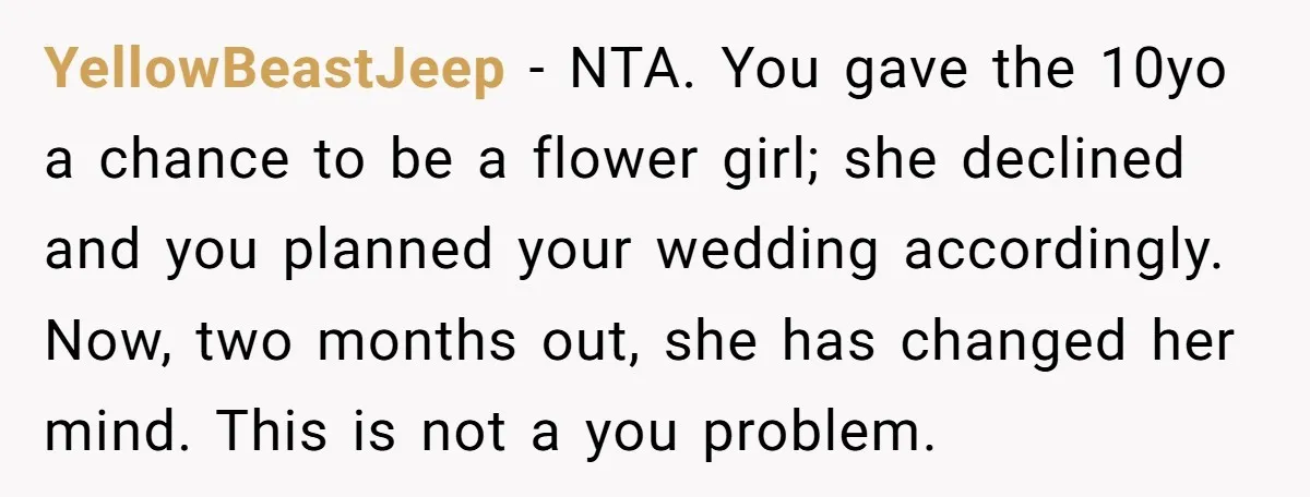 YellowBeastJeep - NTA. You gave the 10yo a chance to be a flower girl; she declined and you planned your wedding accordingly. Now, two months out, she has changed her...