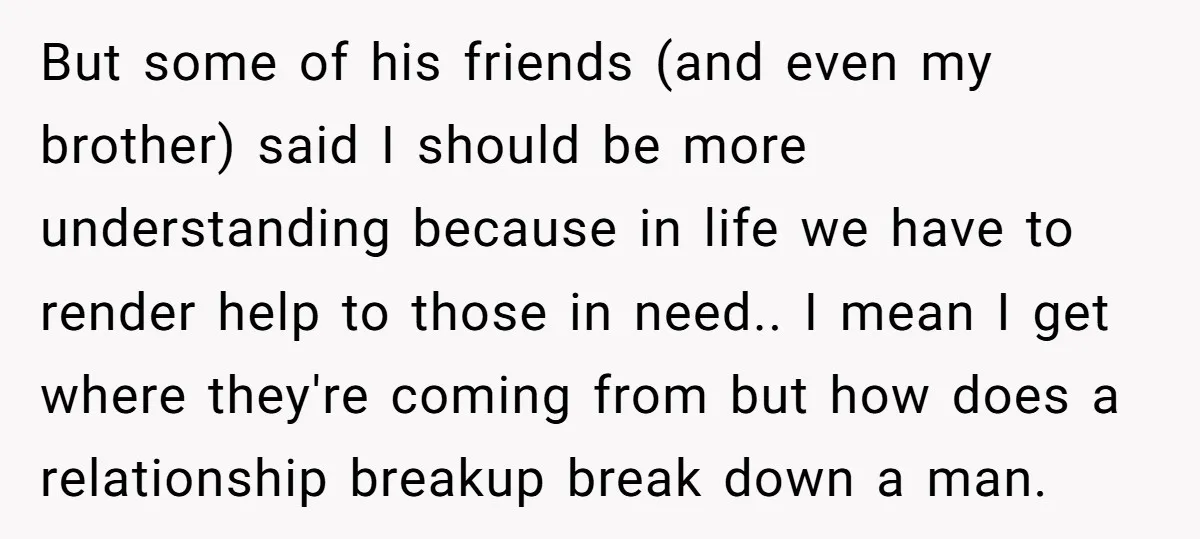 But some of his friends (and even my brother) said I should be more understanding because in life we have to render help to those in need.. I mean I...