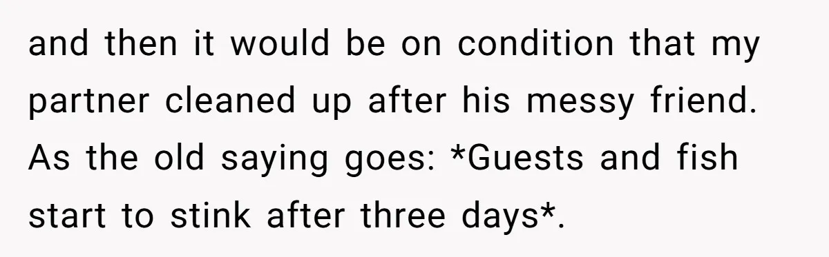 and then it would be on condition that my partner cleaned up after his messy friend. As the old saying goes: *Guests and fish start to stink after three days*.