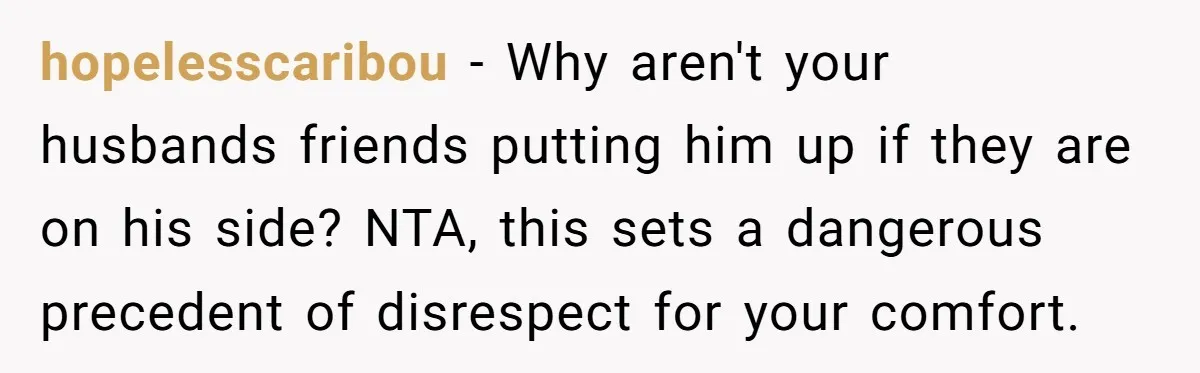 hopelesscaribou − Why aren't your husbands friends putting him up if they are on his side? NTA, this sets a dangerous precedent of disrespect for your comfort.