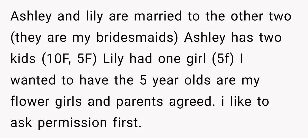 Ashley and lily are married to the other two (they are my bridesmaids) Ashley has two kids (10F, 5F) Lily had one girl (5f) I wanted to have the 5...