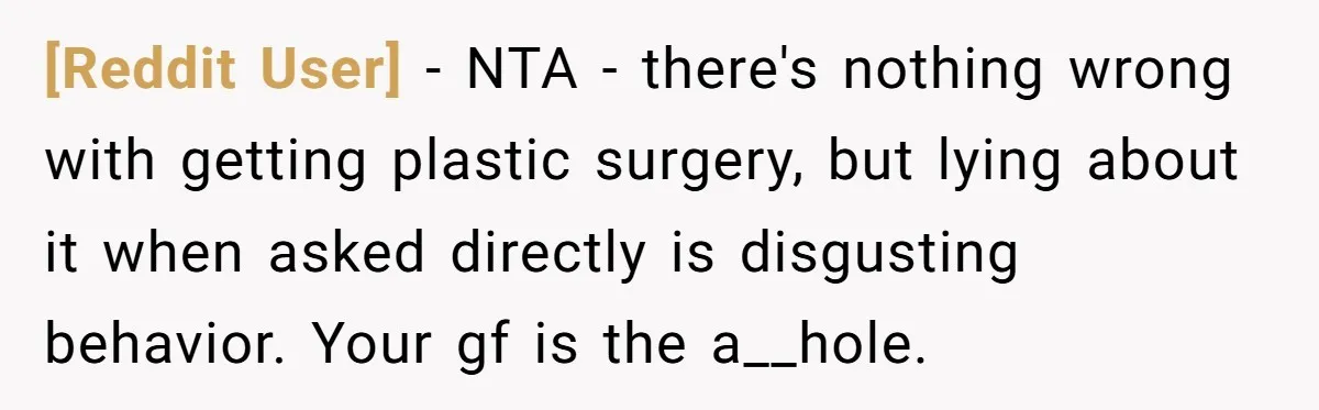 [Reddit User] − NTA - there's nothing wrong with getting plastic surgery, but lying about it when asked directly is disgusting behavior. Your gf is the a__hole.