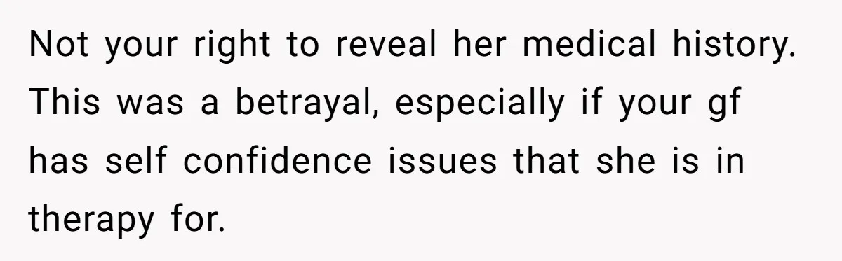 Not your right to reveal her medical history. This was a betrayal, especially if your gf has self confidence issues that she is in therapy for.