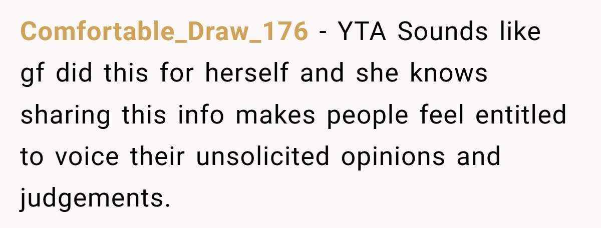 Comfortable_Draw_176 − YTA Sounds like gf did this for herself and she knows sharing this info makes people feel entitled to voice their unsolicited opinions and judgements.