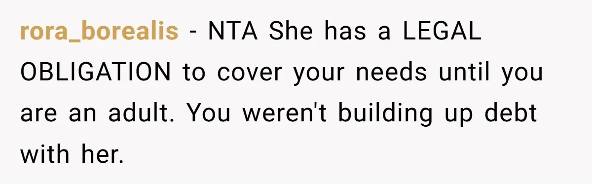 rora_borealis − NTA She has a LEGAL OBLIGATION to cover your needs until you are an adult. You weren't building up debt with her.