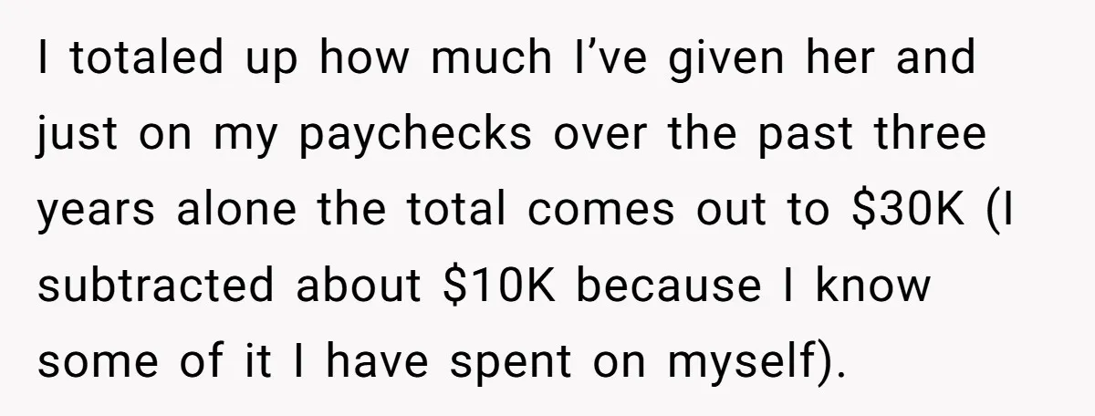 I totaled up how much I’ve given her and just on my paychecks over the past three years alone the total comes out to $30K (I subtracted about $10K because...