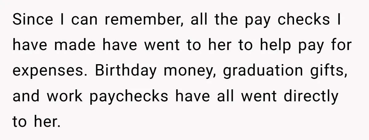 Since I can remember, all the pay checks I have made have went to her to help pay for expenses. Birthday money, graduation gifts, and work paychecks have all went...