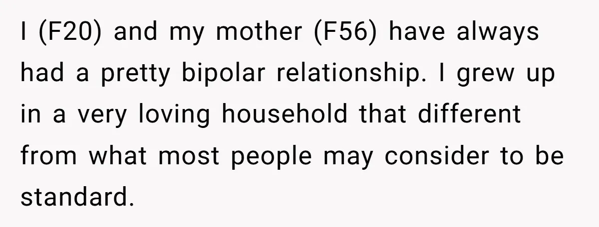 I (F20) and my mother (F56) have always had a pretty bipolar relationship. I grew up in a very loving household that different from what most people may consider to...