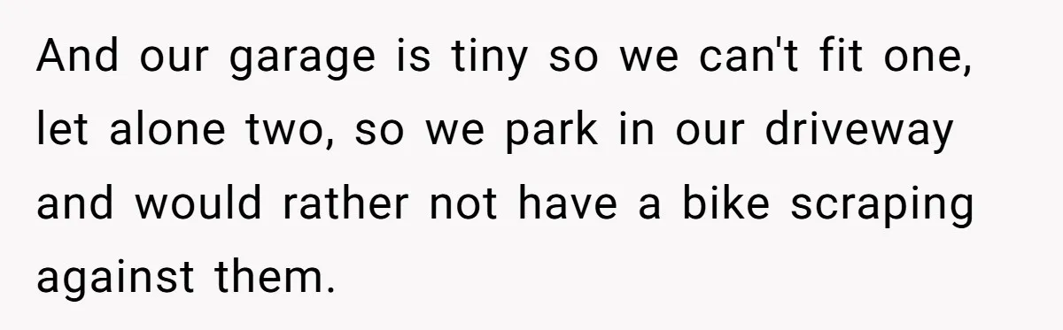 And our garage is tiny so we can't fit one, let alone two, so we park in our driveway and would rather not have a bike scraping against them.