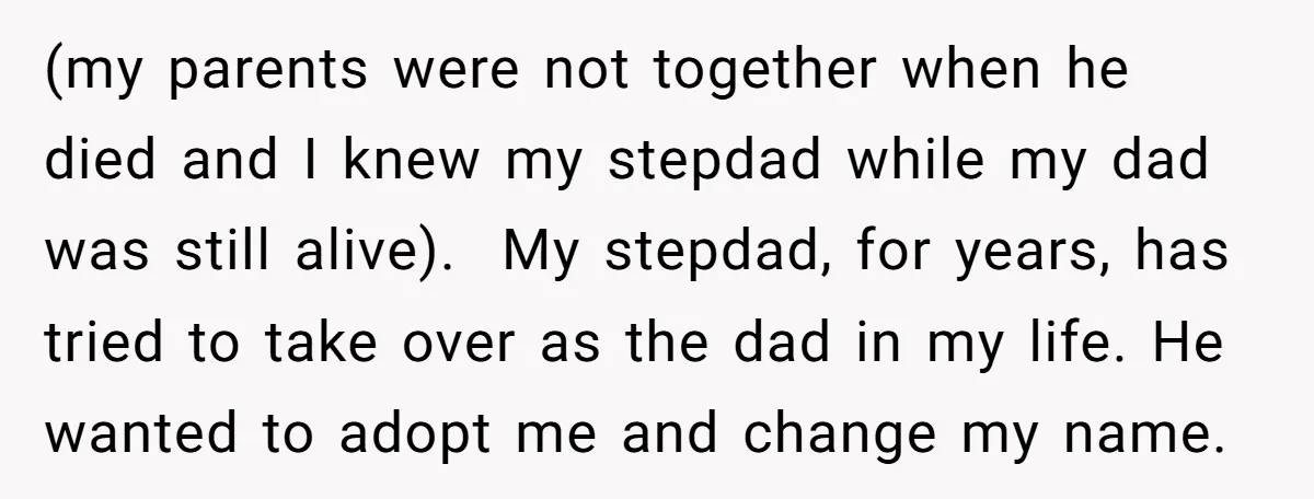 (my parents were not together when he died and I knew my stepdad while my dad was still alive). My stepdad, for years, has tried to take over as the...