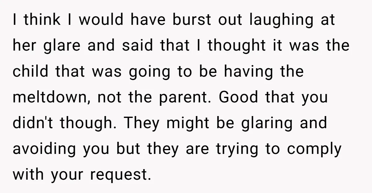 I think I would have burst out laughing at her glare and said that I thought it was the child that was going to be having the meltdown, not the...